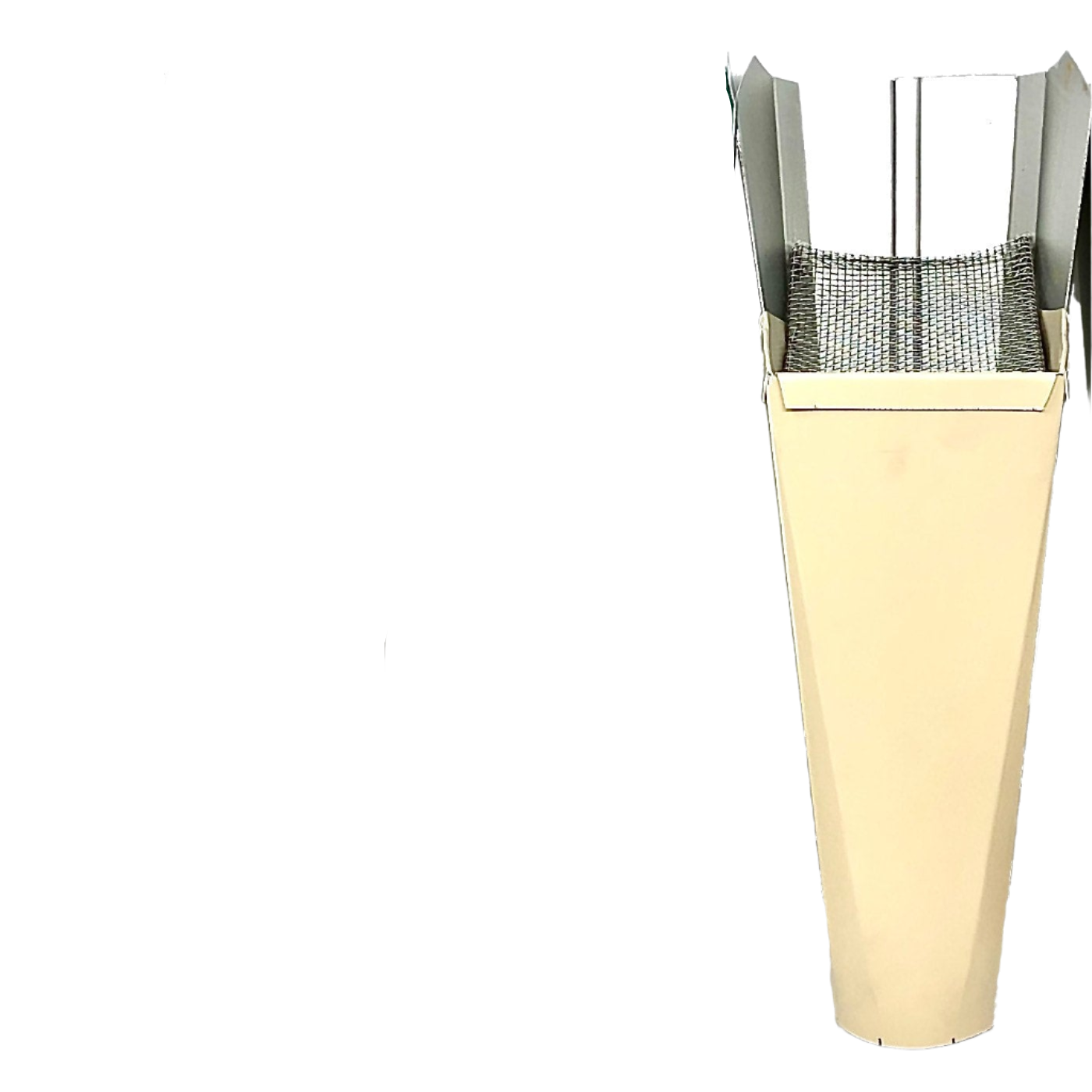 Beige GutterAll downspout cleanout screen isolated on a white background.