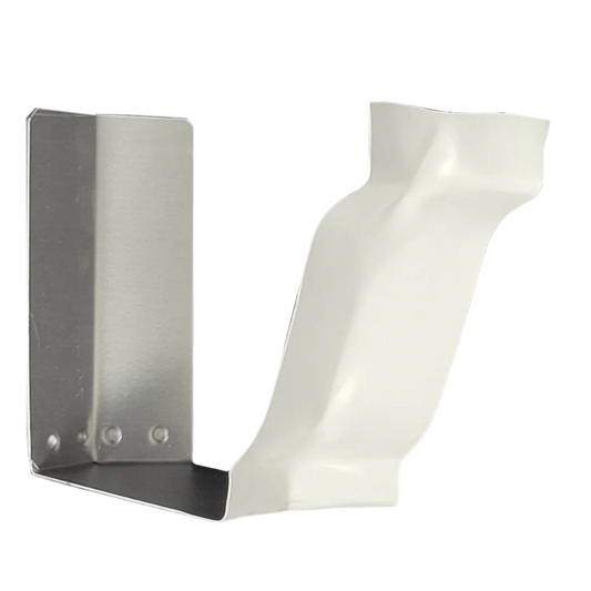 A 90-degree strip miter gutter component, with a professional-grade aluminum finish in a gray color, showing both the front and side views.