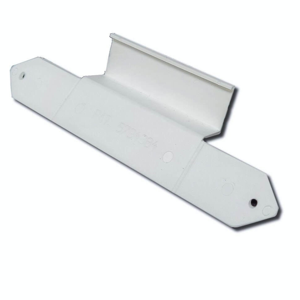 White 2x3 vinyl mounting clip for gutter systems, weather-resistant design.