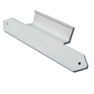 White 2x3 vinyl mounting clip for gutter systems, weather-resistant design.