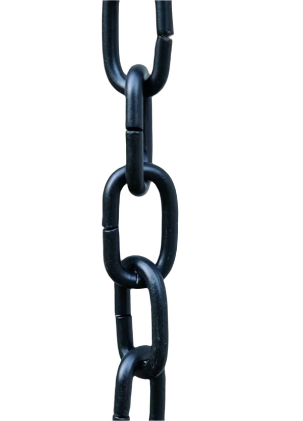 Black aluminum rain chain showcasing sleek and weather-resistant design.