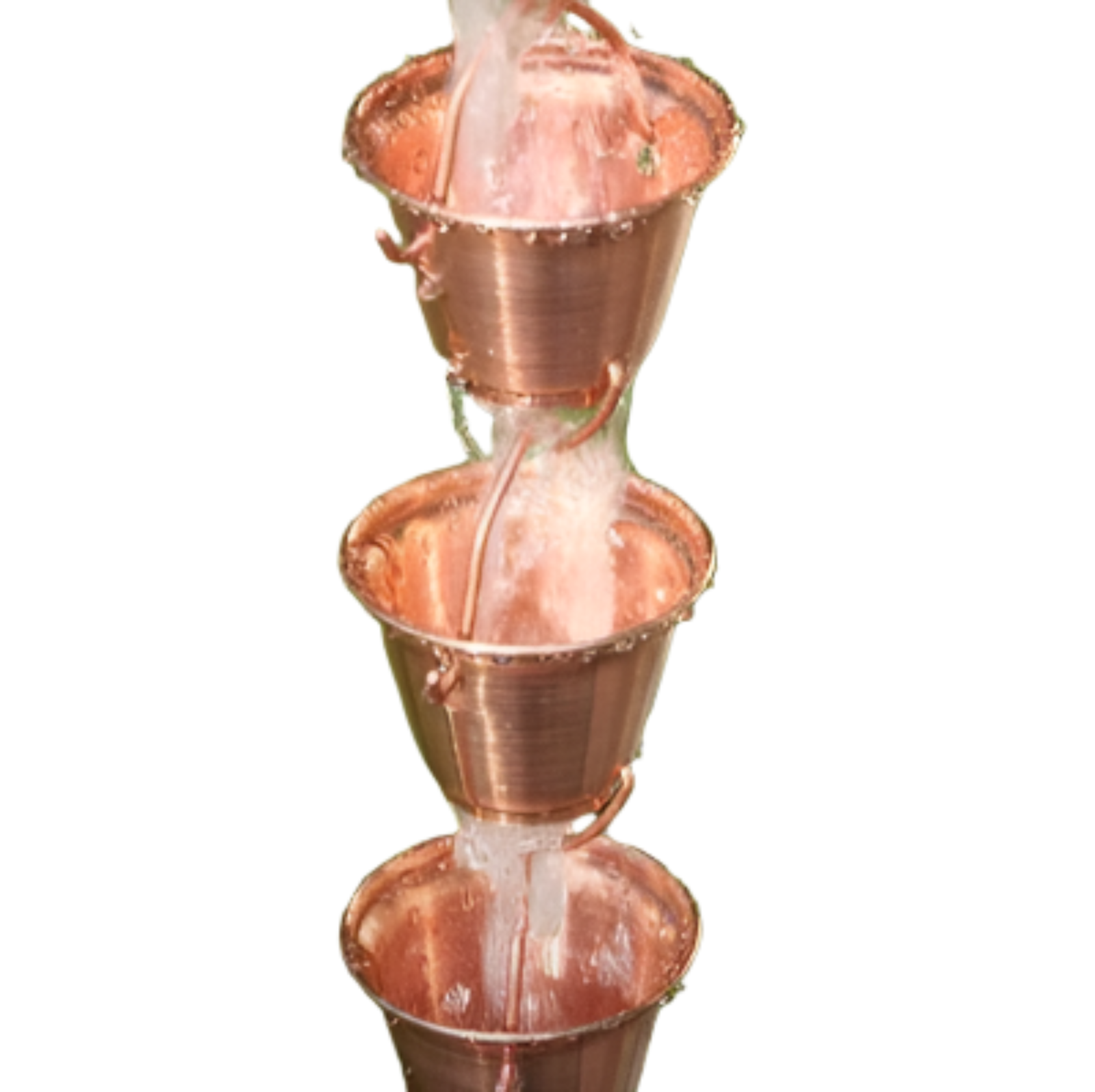 Bucket Cup rain chain. Premium copper. 8ft section with 22 cups. Classic design. Develops natural patina. V-hook included. Easy no-tool assembly. Contractor DIY. Damascus OR.