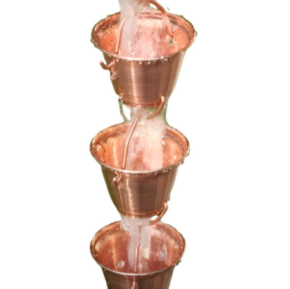 Bucket Cup rain chain. Premium copper. 8ft section with 22 cups. Classic design. Develops natural patina. V-hook included. Easy no-tool assembly. Contractor DIY. Damascus OR.