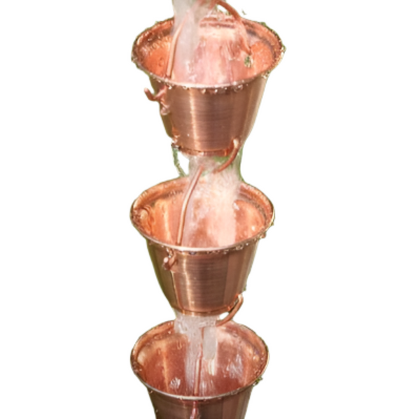 Premium copper rain chain with bucket cup design, cascading water flow.