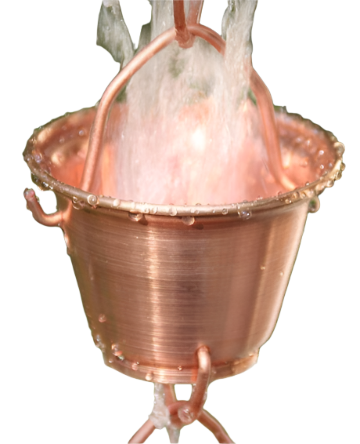 Bucket Cup rain chain. Premium copper. 8ft section with 22 cups. Classic design. Develops natural patina. V-hook included. Easy no-tool assembly. Contractor DIY. Damascus OR.