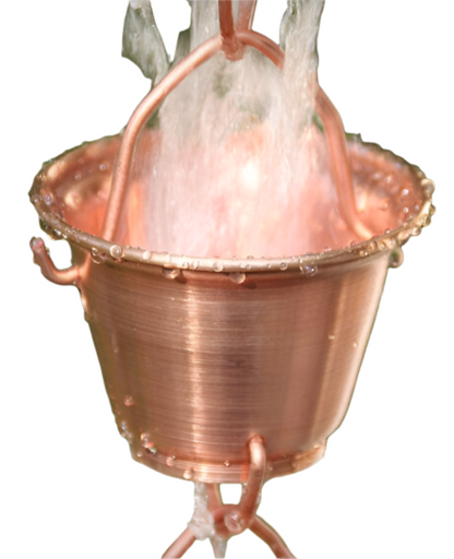 Bucket Cup rain chain. Premium copper. 8ft section with 22 cups. Classic design. Develops natural patina. V-hook included. Easy no-tool assembly. Contractor DIY. Damascus OR.
