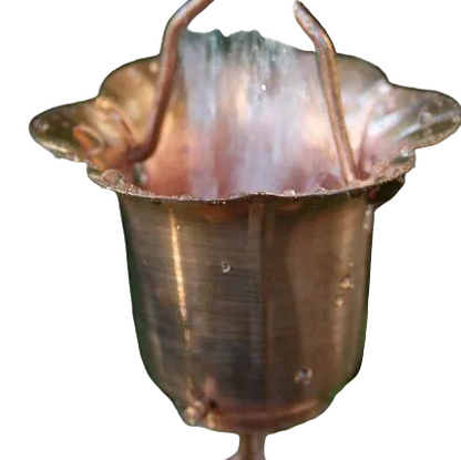 copper Buttercup rain chain. Elegant floral design. 8ft section with 22 cups. Dark Bronze or Copper finish. 3-3/4" cups. FULLY ASSEMBLED. V-hook included. Contractor DIY. Damascus OR.