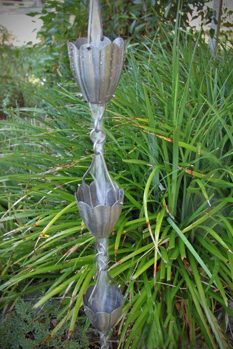 Cloud Cup (Kumo) rain chain. Japanese "cloud" design. 8ft section with 11 cups. Copper or stainless steel. 3-1/2" cups. V-hook included. Contractor DIY. Damascus OR.