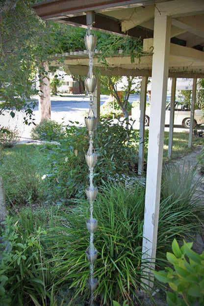 Cloud Cup (Kumo) rain chain. Japanese "cloud" design. 8ft section with 11 cups. Copper or stainless steel. 3-1/2" cups. V-hook included. Contractor DIY. Damascus OR.