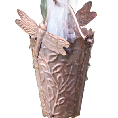 Dragonfly Copper Rain Chain. Garden design with maple leaves. 8ft section. 16 cups. 3-3/4" x 4". Embossed vines. V-hook included. Contractor DIY. Damascus OR.