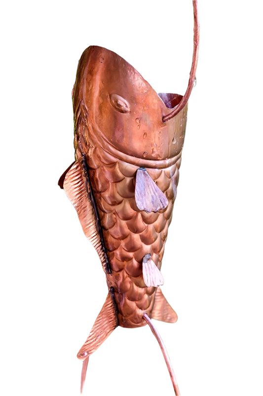 Koi Fish Copper Rain Chain. Sculptural swimming design. 8ft section. 8 fish. 9.5" length. 4" mouth. Detailed scales/fins. V-hook included. Contractor DIY. Damascus OR.
