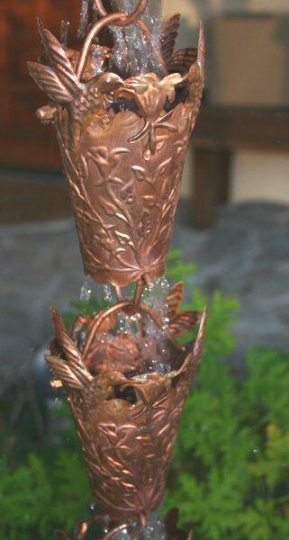 Hand-tooled copper hummingbird cup rain chain. 8ft section with 16 cups. 3-1/4" x 4-1/2" cups. Flowers and hummingbirds. Contractor DIY. Damascus OR.