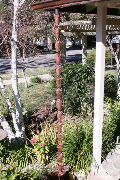 Hand-tooled copper hummingbird cup rain chain. 8ft section with 16 cups. 3-1/4" x 4-1/2" cups. Flowers and hummingbirds. Contractor DIY. Damascus OR.
