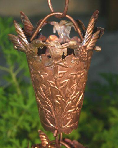 Hand-tooled copper hummingbird cup rain chain. 8ft section with 16 cups. 3-1/4" x 4-1/2" cups. Flowers and hummingbirds. Contractor DIY. Damascus OR.