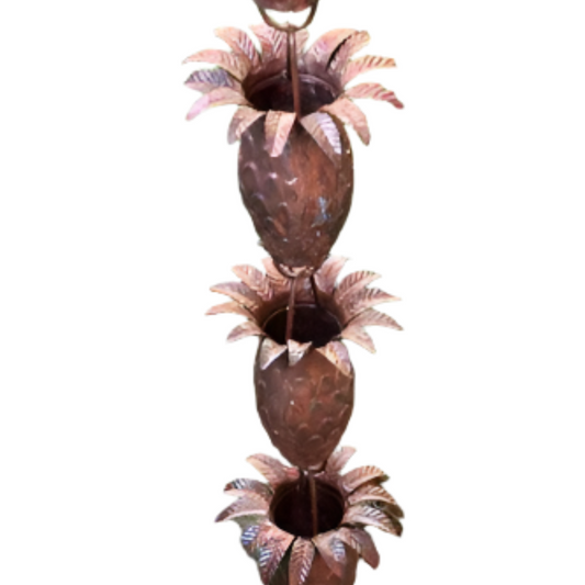 Pineapple Copper Rain Chain. Tropical hospitality design. 8ft section. 13 cups. 3-1/4" x 4-1/2". Leaf crown detail. V-hook included. Contractor DIY. Damascus OR.