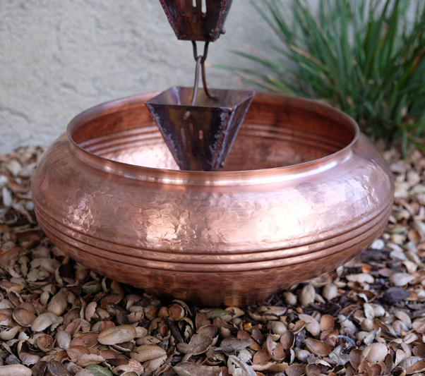 Hand-hammered copper rotund garden pot. 13-3/4" diameter x 6-1/2" height x 10-1/2" opening. Pure copper. Natural patina. Contractor DIY. Damascus OR.