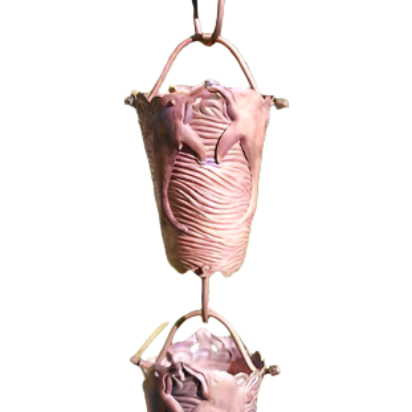 Dolphins at Sea Copper Rain Chain. Ocean wave design. 8ft section. 16 cups. 3-1/4" x 4-1/2". Dolphin and wave art. V-hook included. Contractor DIY. Damascus OR.