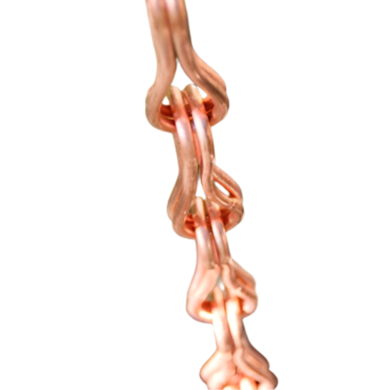 Eight Shape Link Copper Rain Chain. Figure 8 design. 8ft section. 1-1/8" x 3-5/8" links. Pure copper. Living patina. No assembly. Contractor DIY. Damascus OR.
