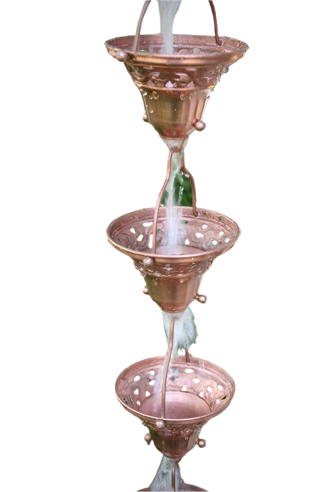 Copper floral bell cup rain chain with water cascading through multiple cups.