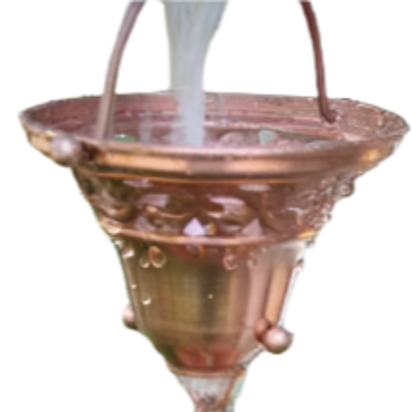 Close-up of water flowing through a single copper floral bell cup rain chain.