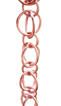 Close-up of copper hooked rings rain chain with elegant interlocking design.