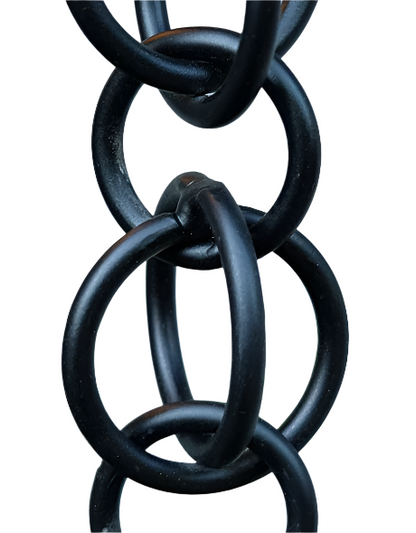 Close-up of black hooked rings rain chain with interlocking design.