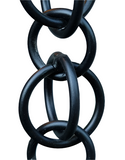 Close-up of black hooked rings rain chain with interlocking design.