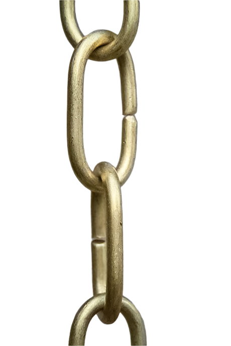 Close-up of handcrafted long brass link rain chain with smooth finish.