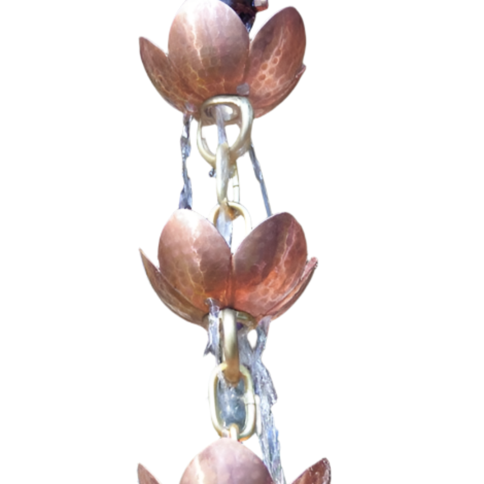 Close-up of pink lotus copper rain chain with handcrafted petals.
