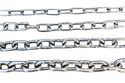 Variety of polished stainless steel chains in multiple sizes on white background.