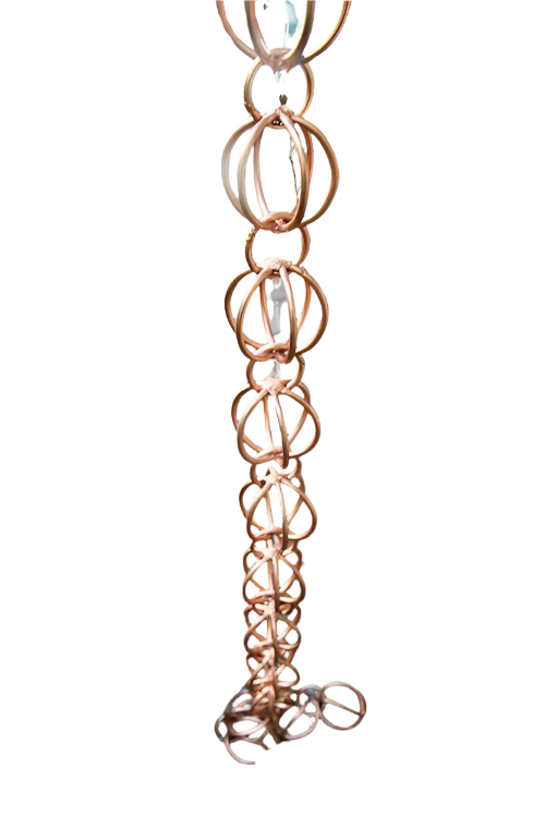 Round spheres rain chain with copper finish and orbital design.