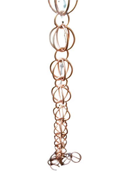 Round spheres rain chain with copper finish and orbital design.