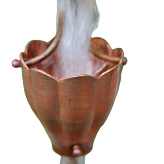 Rounded funnel cup copper rain chain 8ft sections with 28 cups. Decorative scalloped edges. 2-1/4" x 2-3/8". V-hook included. Contractor and DIY. Damascus OR.