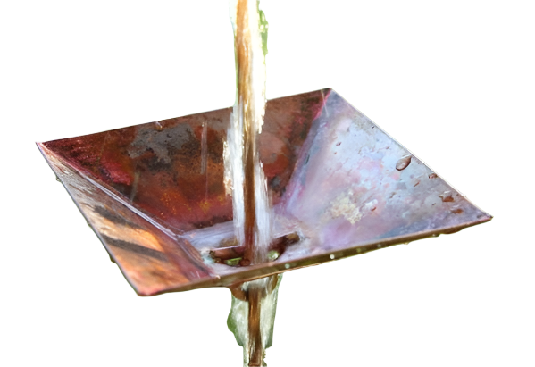 Close-up of a shallow square cup rain chain with copper finish and water flowing through.