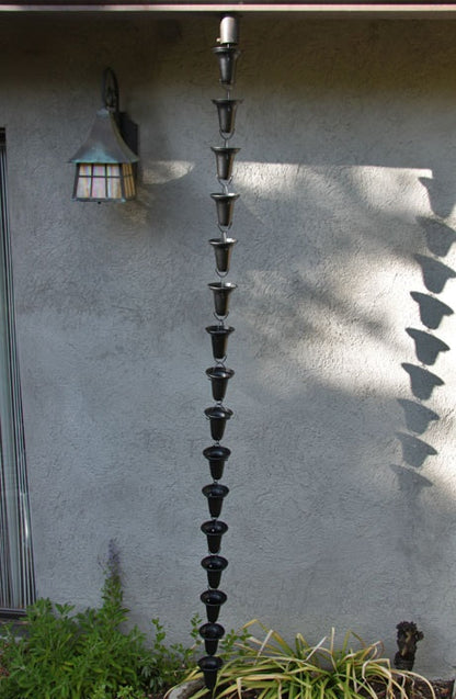 Simple bell cup aluminum rain chain 8ft sections with 20 cups. Powder coat in White, Black, Bronze, Copper. 3-1/4" x 3-3/8". Contractor and DIY. Damascus OR.