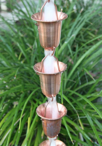 Simple bell cup aluminum rain chain 8ft sections with 20 cups. Powder coat in White, Black, Bronze, Copper. 3-1/4" x 3-3/8". Contractor and DIY. Damascus OR.