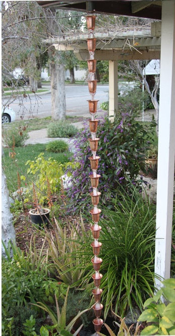 Simple bell cup aluminum rain chain 8ft sections with 20 cups. Powder coat in White, Black, Bronze, Copper. 3-1/4" x 3-3/8". Contractor and DIY. Damascus OR.