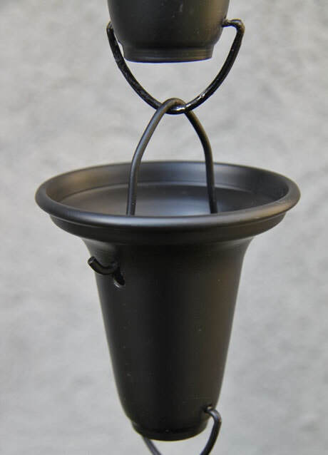 Simple bell cup aluminum rain chain 8ft sections with 20 cups. Powder coat in White, Black, Bronze, Copper. 3-1/4" x 3-3/8". Contractor and DIY. Damascus OR.