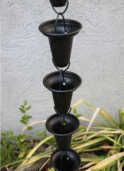Simple bell cup aluminum rain chain 8ft section 20 cups black powder coat finish Damascus Oregon GutterAll