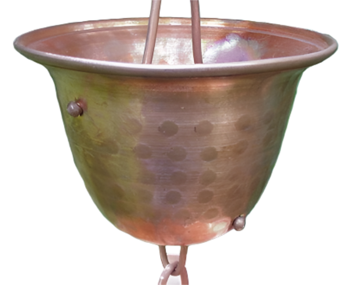 Detailed view of a copper bell cup with a spotted hammered finish.