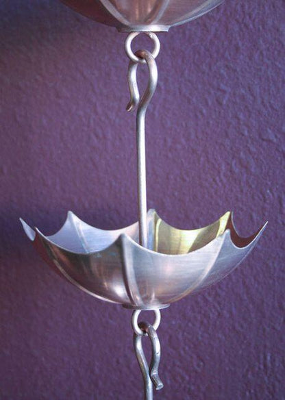 Stacked umbrella copper rain chain 8ft sections with 18 cups. Pure copper 4-1/2" x 2-1/8". Tiered cascade design. Contractor and DIY. Damascus OR local pickup.