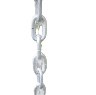 Close-up of a standard link rain chain with a silver finish.
