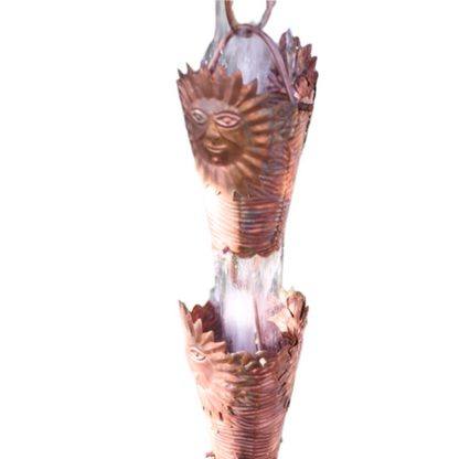 Sunshine sunburst copper rain chain 8ft sections with 16 cups. Pure copper 3-1/2" x 4". V-hook included. Easy assembly. Contractor and DIY. Damascus OR pickup.
