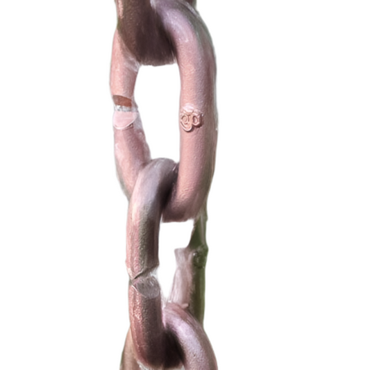 Close-up of thick cast link rain chain with premium copper finish.