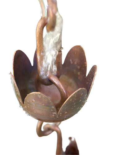 Close-up of a tulip copper rain chain with water droplets and a natural patina finish.