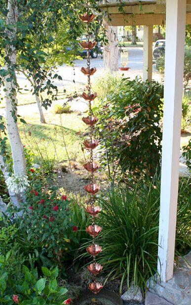 Water Lily copper rain chain 8ft sections with 16 floral cups. Hand-cast brass chain, 5" copper cups. Premium decorative. Contractor and DIY. Damascus OR pickup.