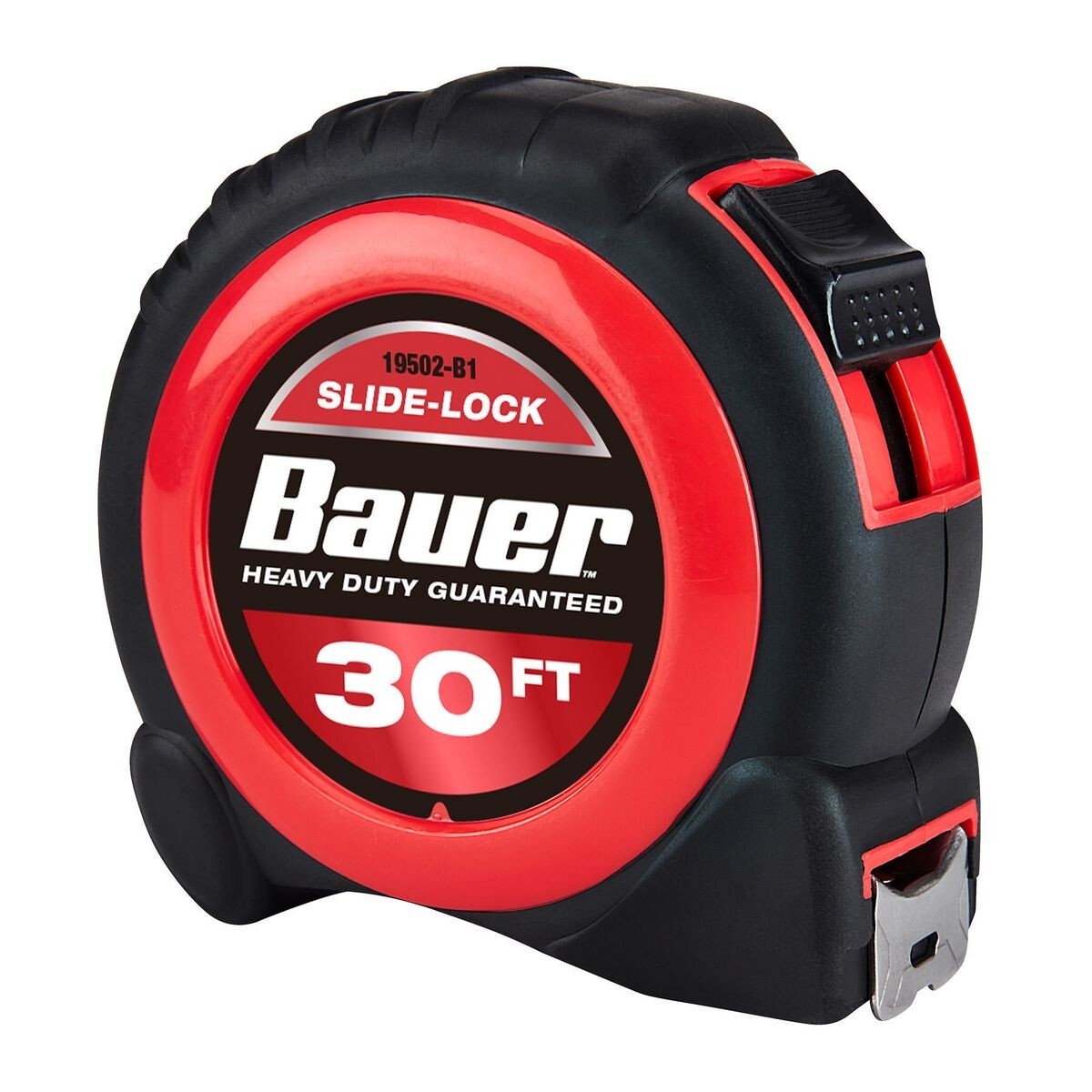 Bauer 30 ft heavy duty slide-lock tape measure black red case belt clip gutter contractor Damascus Oregon GutterAll