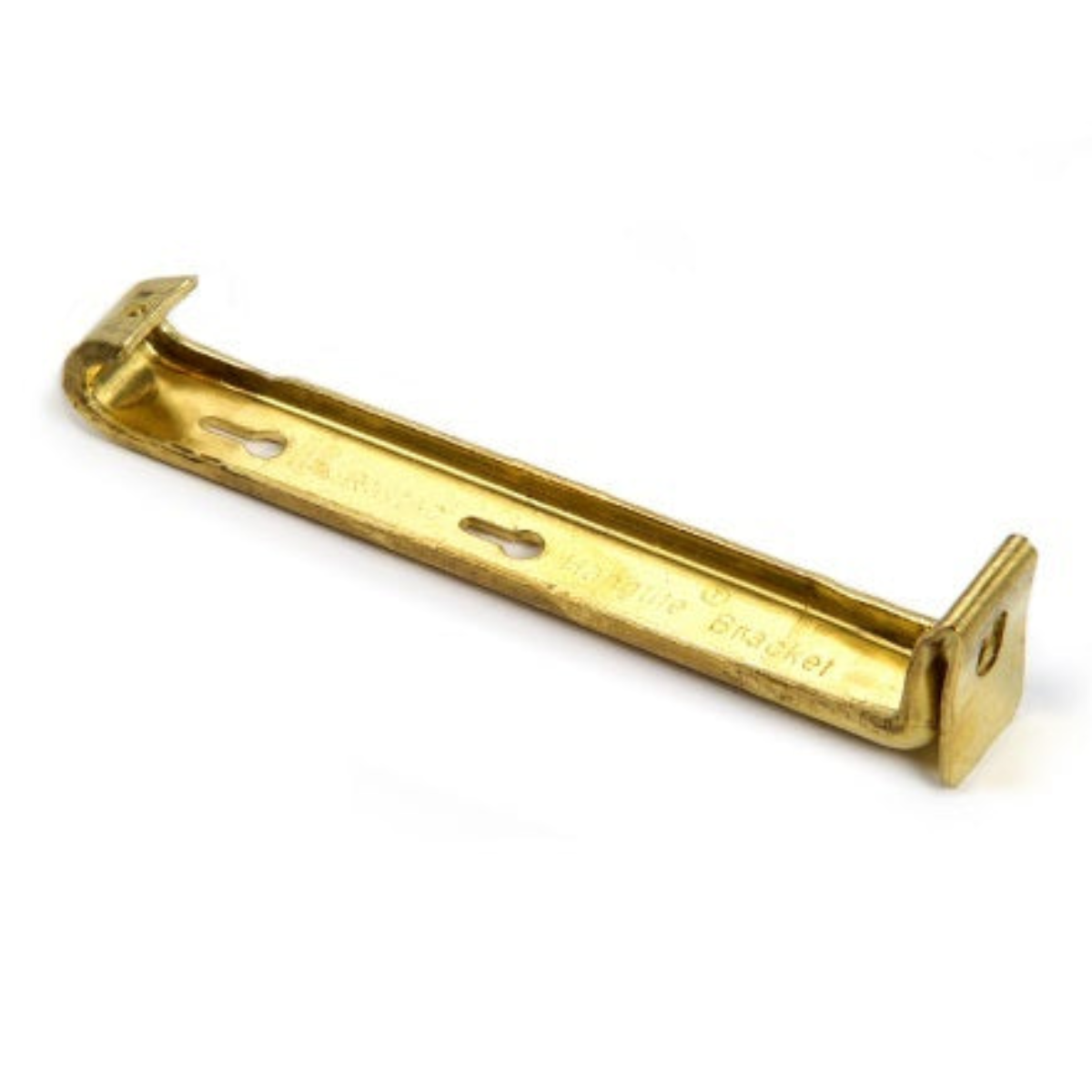 A gold-colored brass finish gutter support hanger with a no-screw design and clip system.