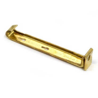 A gold-colored brass finish gutter support hanger with a no-screw design and clip system.