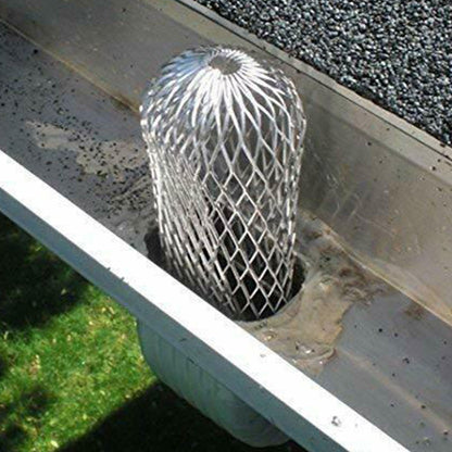 Expandable aluminum mesh downspout strainer 3 inch dome shape installed in gutter outlet blocking leaves debris filter GutterAll Damascus Oregon